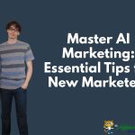 Young man in glasses holding a laptop, standing confidently against a dark background with bold white text: "Master AI Marketing: Essential Tips for New Marketers." An illustration of a cat with the phrase "Affiliate Marketing" is in the bottom corner.
