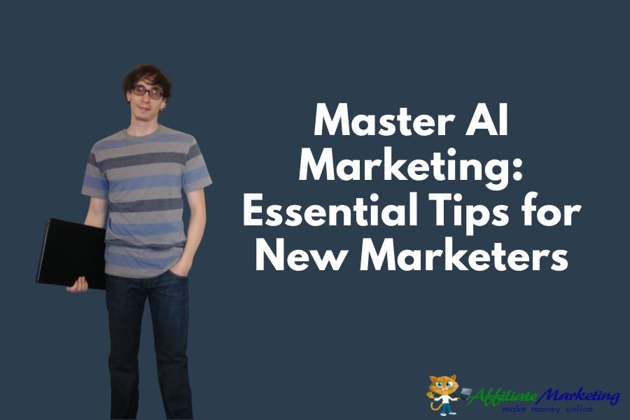 Young man in glasses holding a laptop, standing confidently against a dark background with bold white text: "Master AI Marketing: Essential Tips for New Marketers." An illustration of a cat with the phrase "Affiliate Marketing" is in the bottom corner.